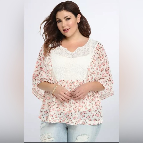 Torrid Sz Large White Pink Floral Ivory Lace Inset Chiffon Blouse Chasing Ditsy - Picture 1 of 7